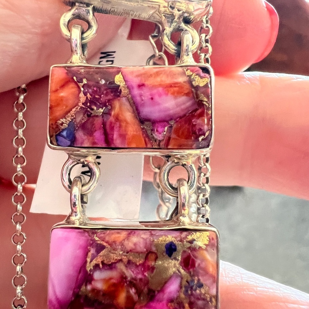 ❤️ Pink Dahlia Turquoise 925 Southwestern Navajo Style Bar Necklace 18+2” 21.6gm - Picture 9 of 16